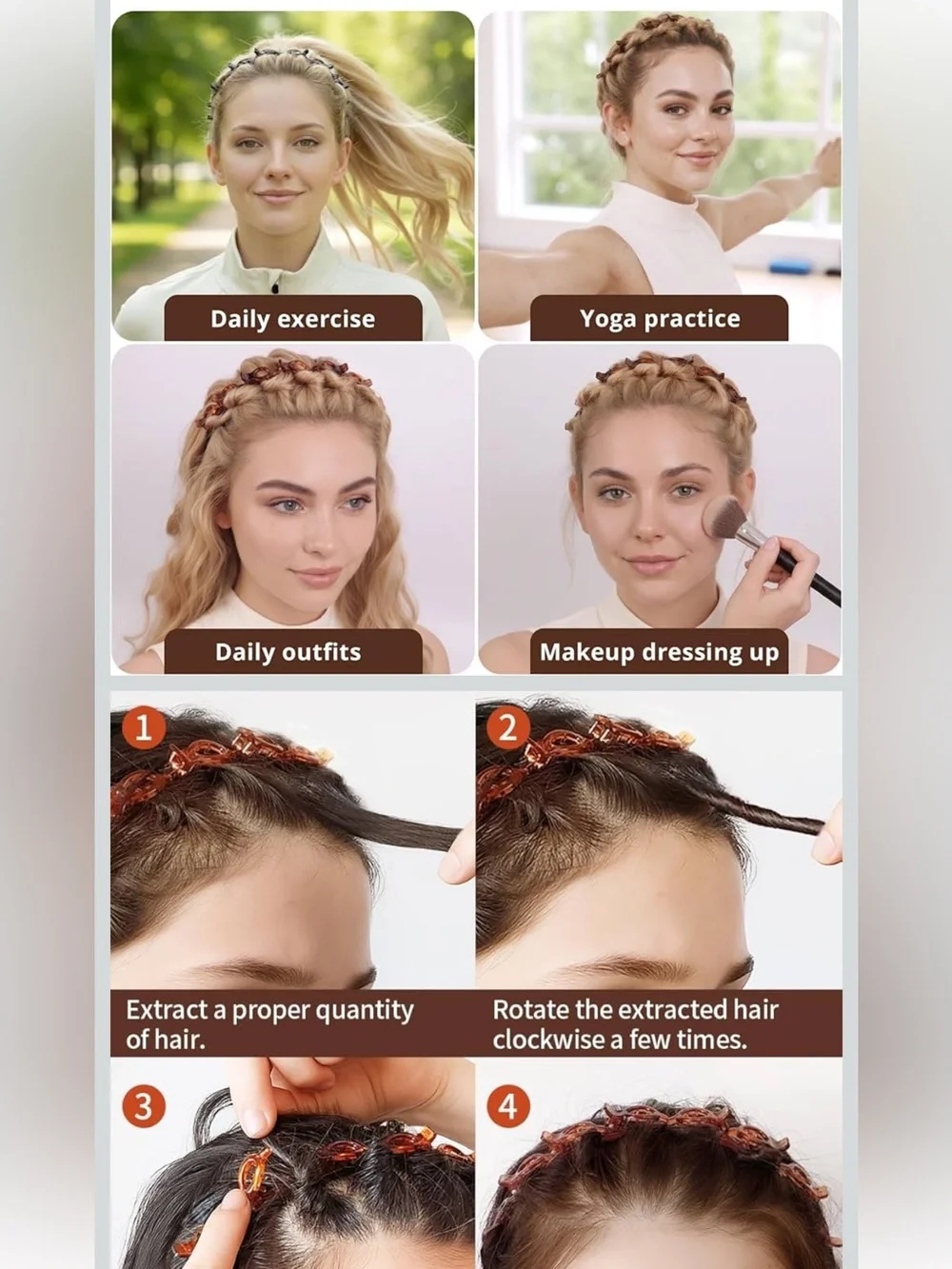 Amber Brown Double Bangs Hairstyle Hairpin Headband with Clips Twist Braid Tool